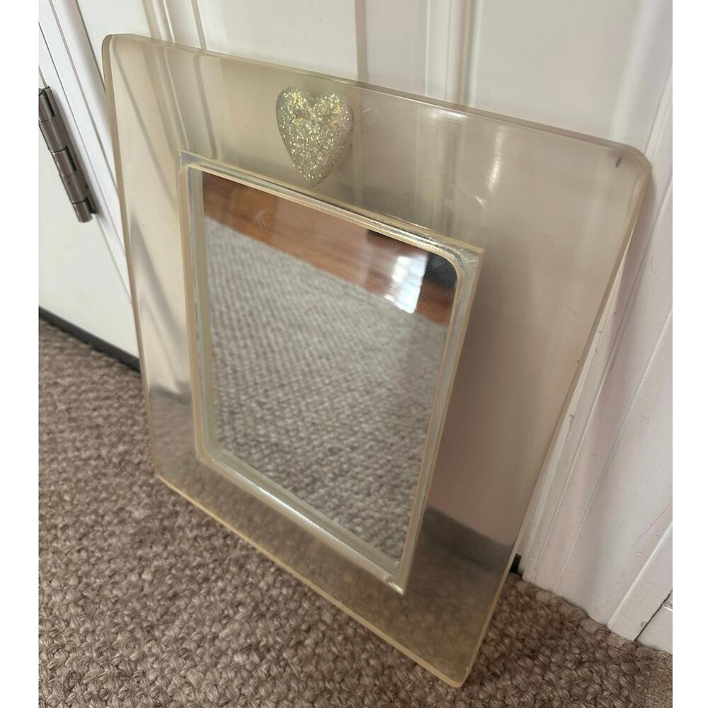 Vintage Lucite wall Mirror clear lucite heart frame mcm 14x12”